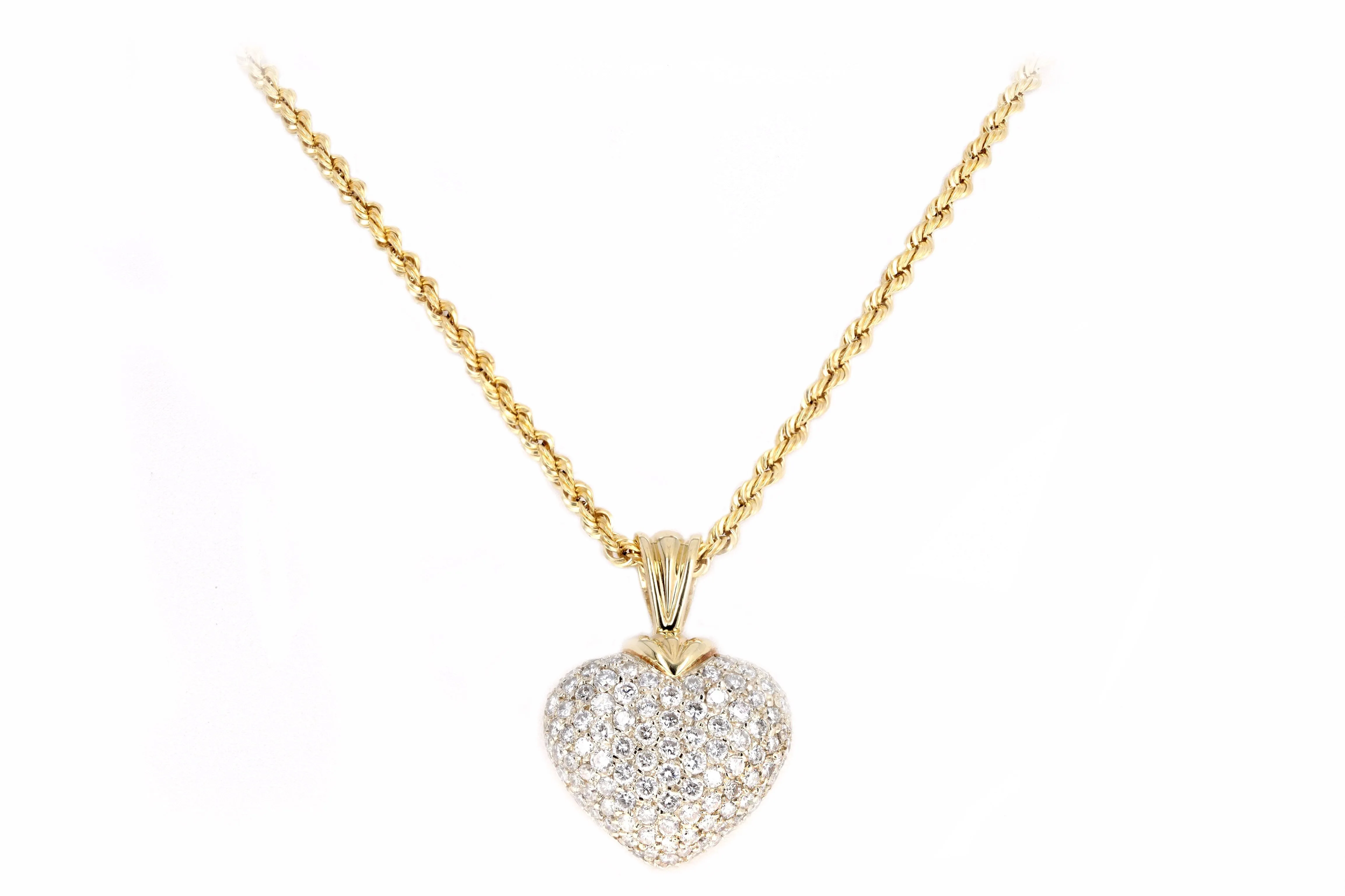 14K Yellow Gold 3.5 Carat Total Weight Round Brilliant Diamond Pave Heart Pendant Necklace