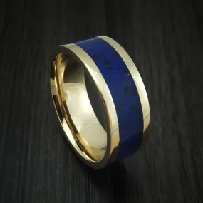 14K Yellow Gold Lapis with Black Dinosaur Bone Men's Ring Custom Made Fossil Band