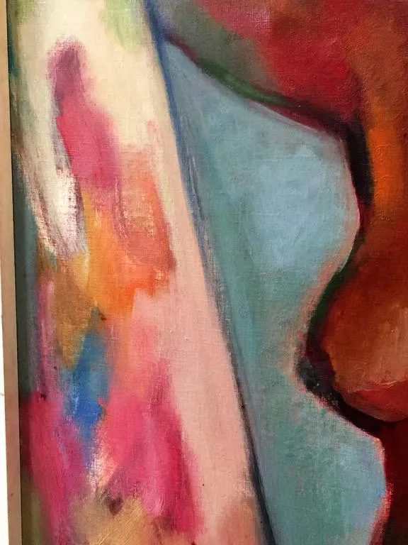 Abstract Painting of Nude in Window Sill Frame with Window Shade