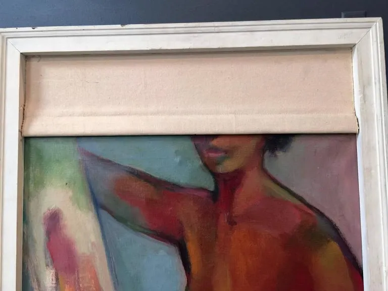 Abstract Painting of Nude in Window Sill Frame with Window Shade