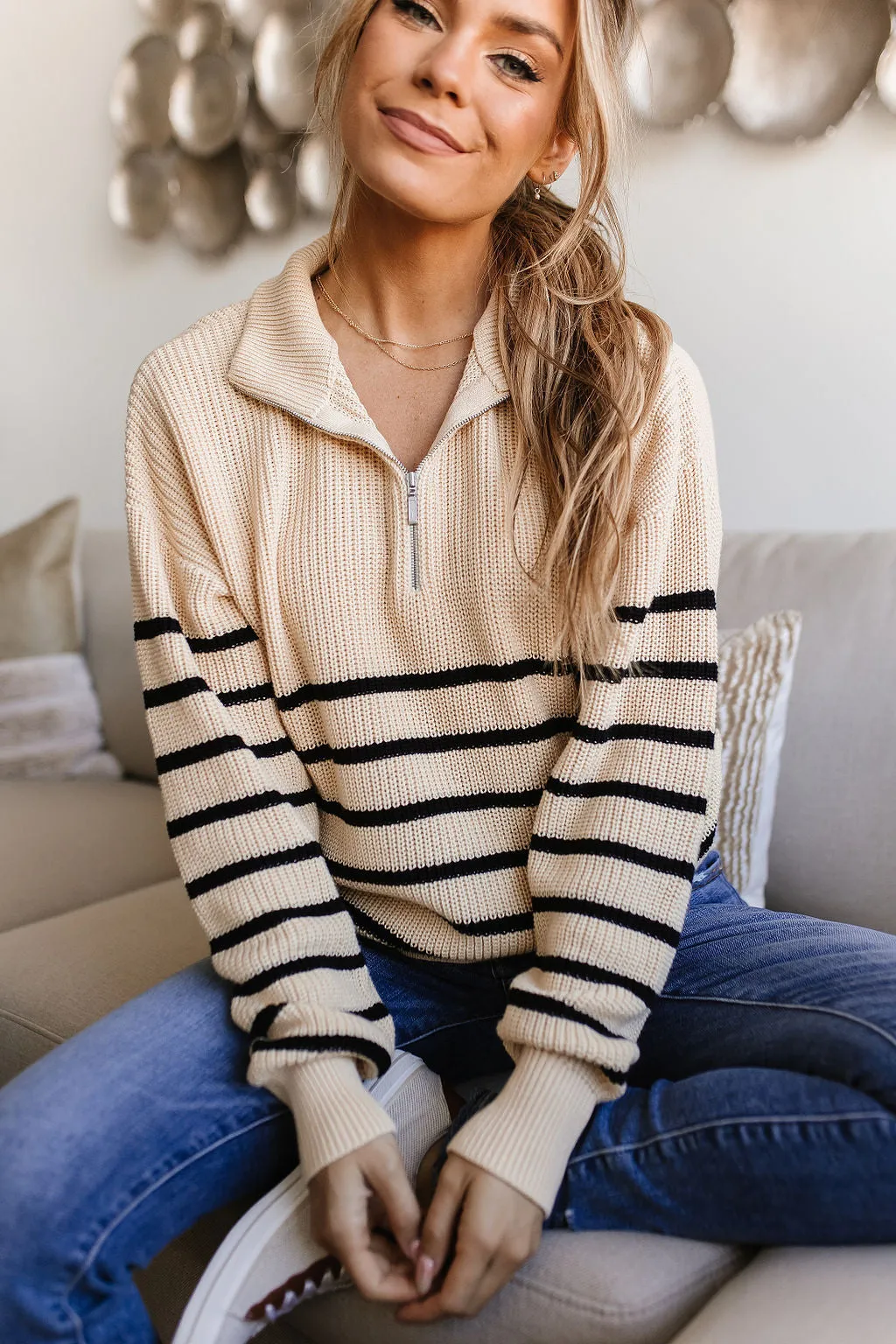 Ampersand Avenue - HalfZip Sweater Cream & Black Stripe