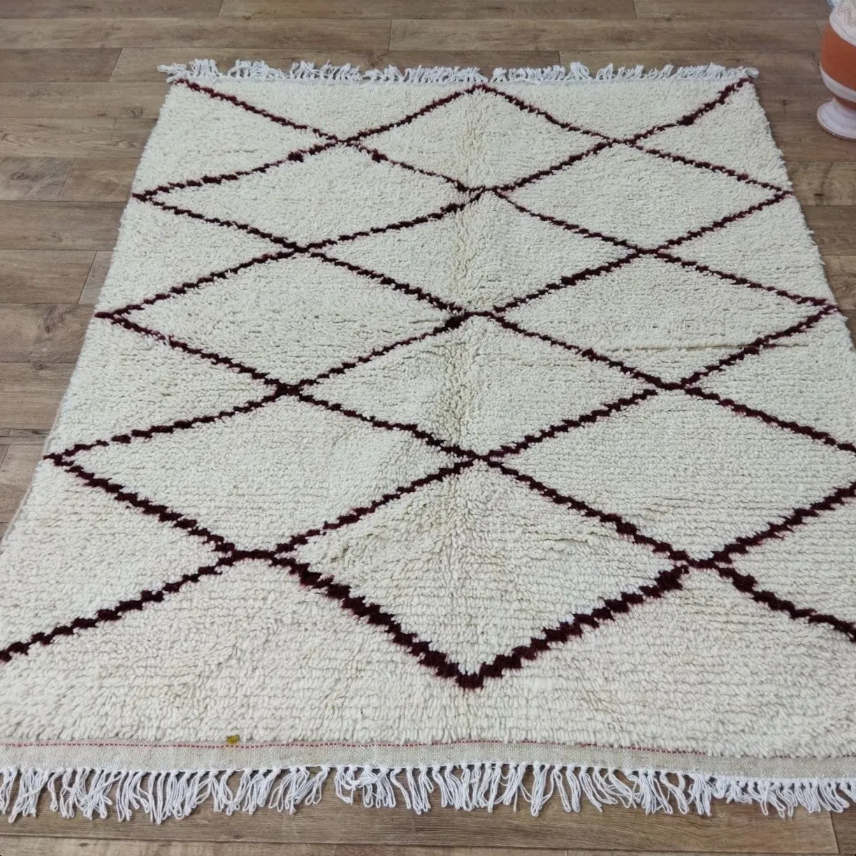 Authentic White And Burgundy Moroccan Rug - Beni Ourain Rug 5x5 Ft