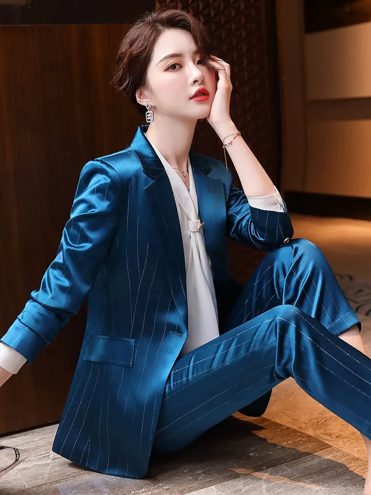 Autumn Notched Collar Office Work Professional Pant Suit for Women