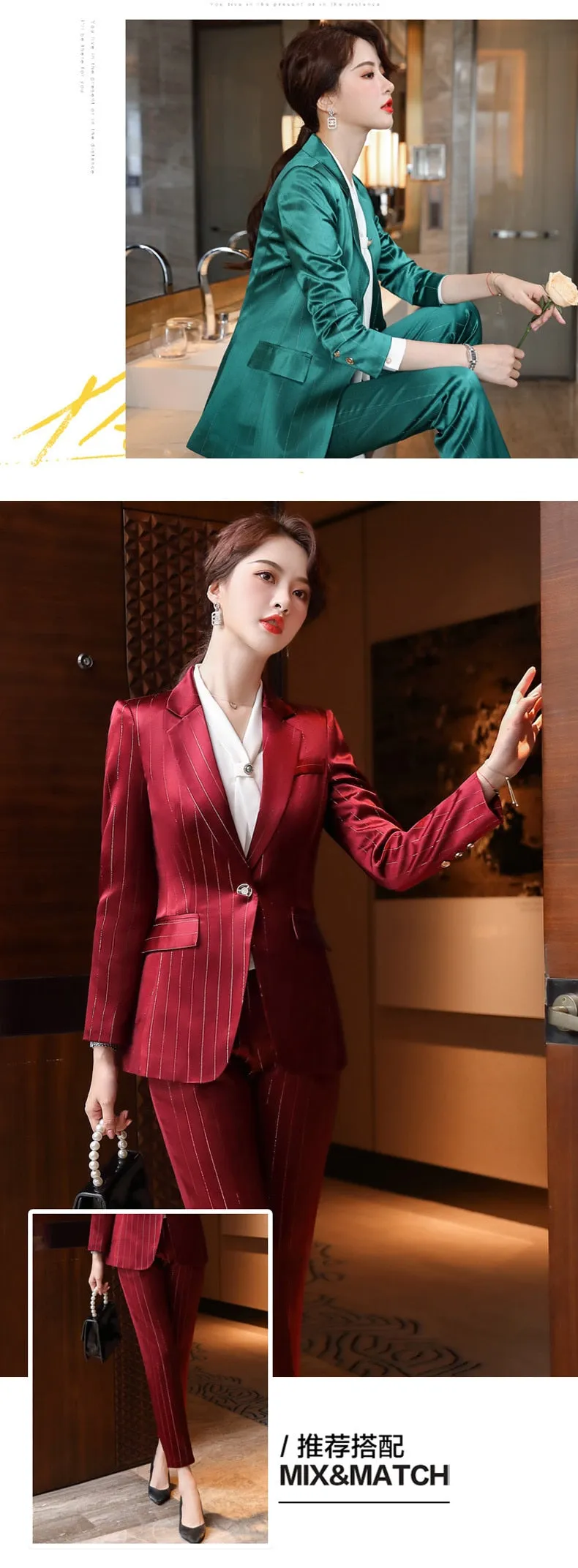 Autumn Notched Collar Office Work Professional Pant Suit for Women