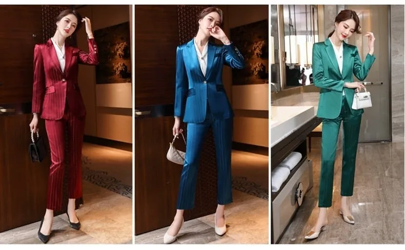 Autumn Notched Collar Office Work Professional Pant Suit for Women