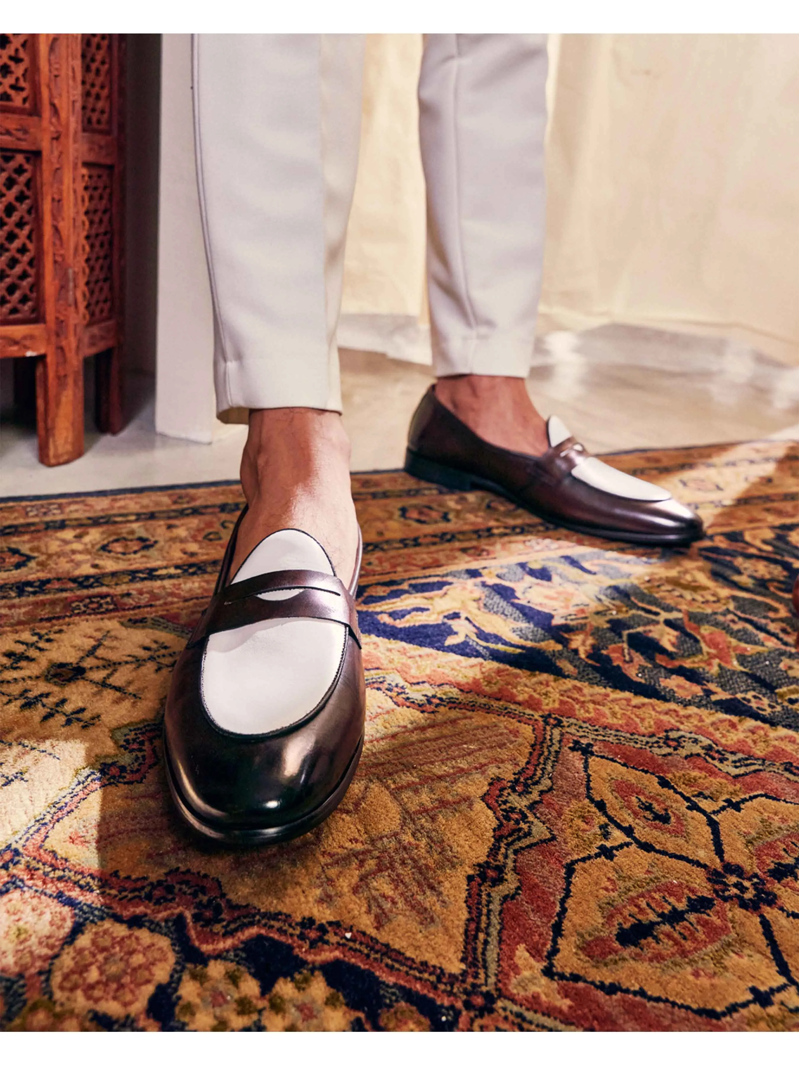 Belgian Loafer Penny Duo - Coffee Patina & White (Hand Painted Patina)