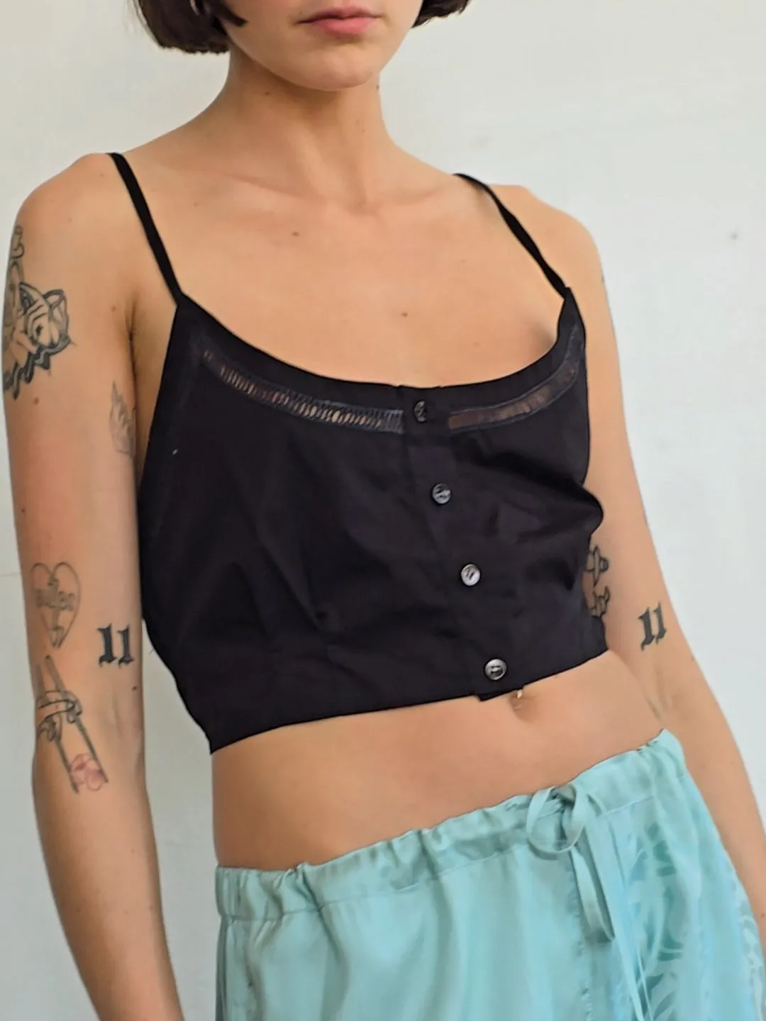 Black Cotton Embroidered Edge Top (M)