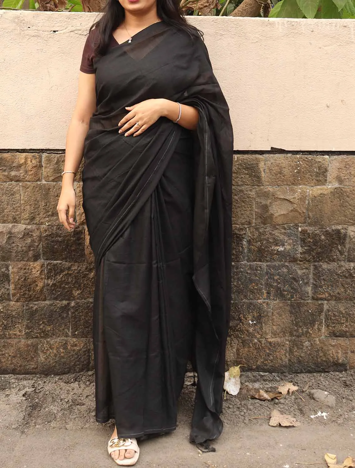 Black Handloom Plain Bengal Cotton Saree