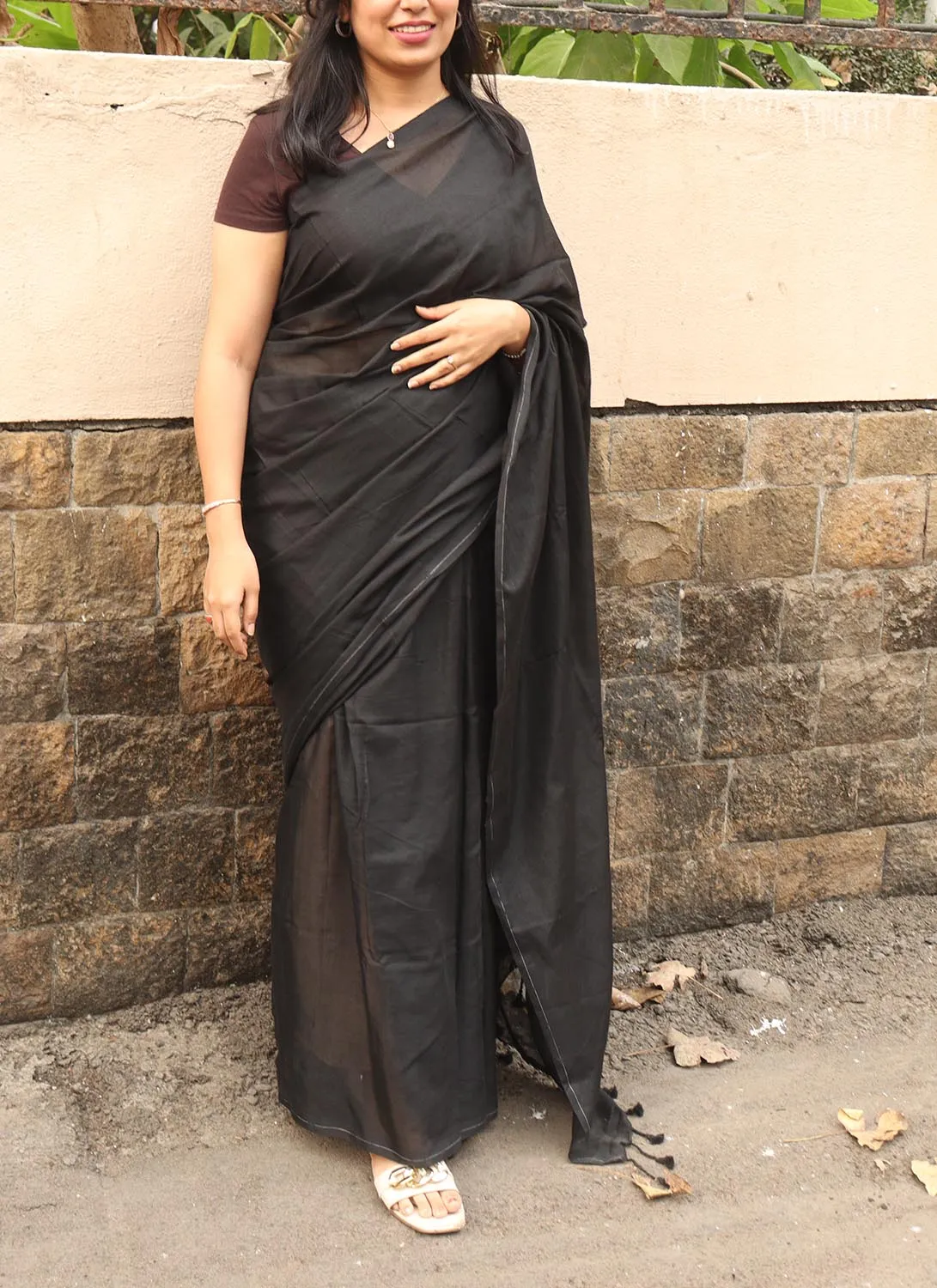 Black Handloom Plain Bengal Cotton Saree