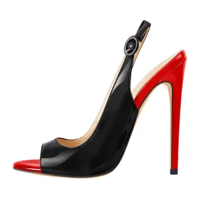 Black Red Open Toe High Heels Slingback Sandals