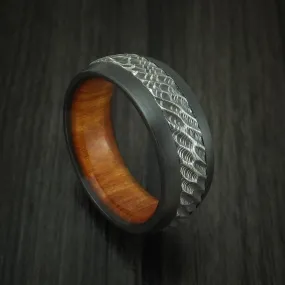 Black Titanium and Damascus Steel Men's Ring with Tree Bark Carved Finish and Osage Orange Hardwood Sleeve Custom Made Band