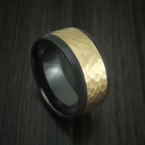 Black Titanium Men's Ring with Wide 14K Yellow Gold Hammered Inlay Custom Made Band