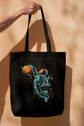 Black/White Flying Astronaut Tote Bag with Zipper