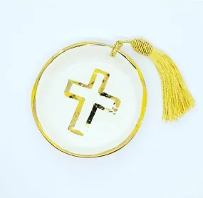 Ceramic trinket dish gold cross design ivory white