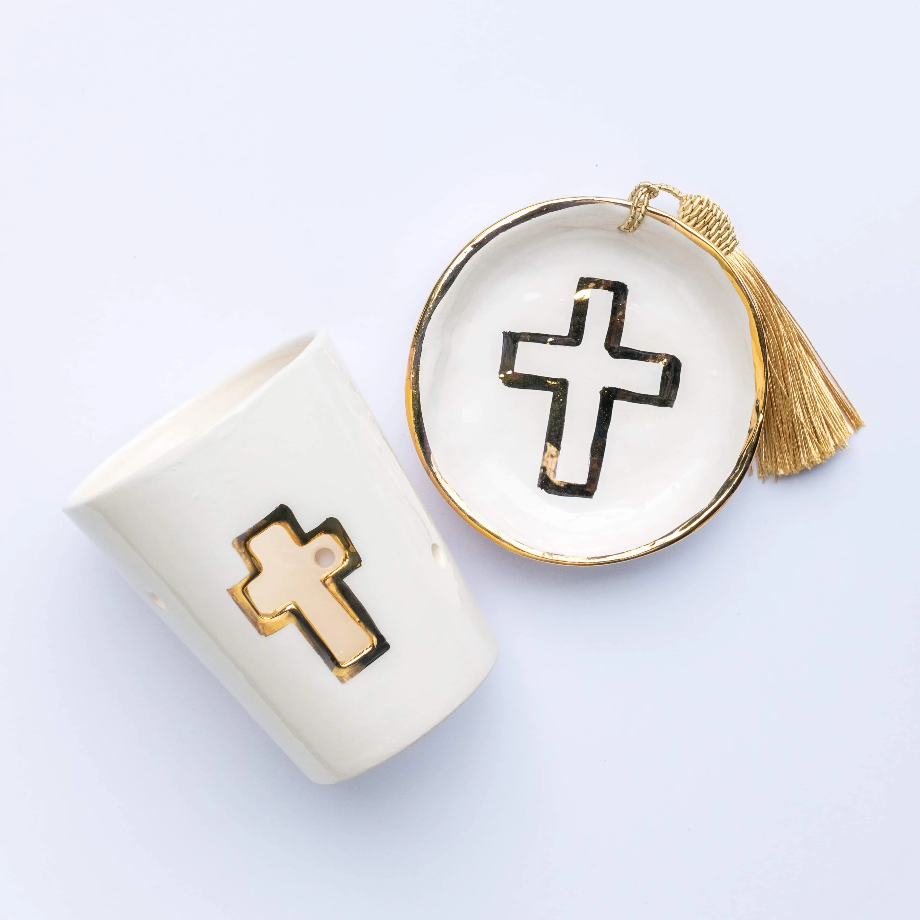 Ceramic trinket dish gold cross design ivory white