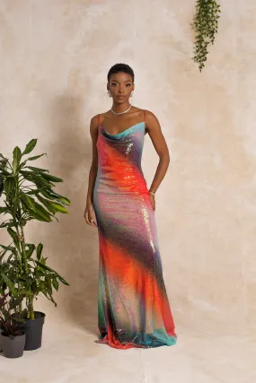 Cherry Glaze Ombre Sequin Cowl Neck Dress