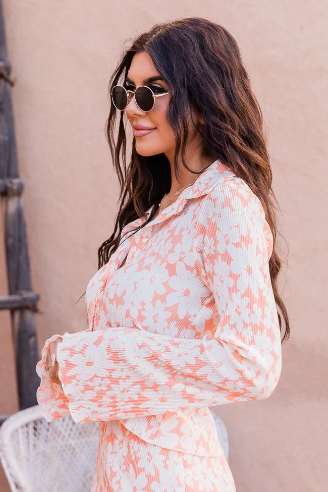 Convince Me Coral Floral Plisse Button Up Top FINAL SALE