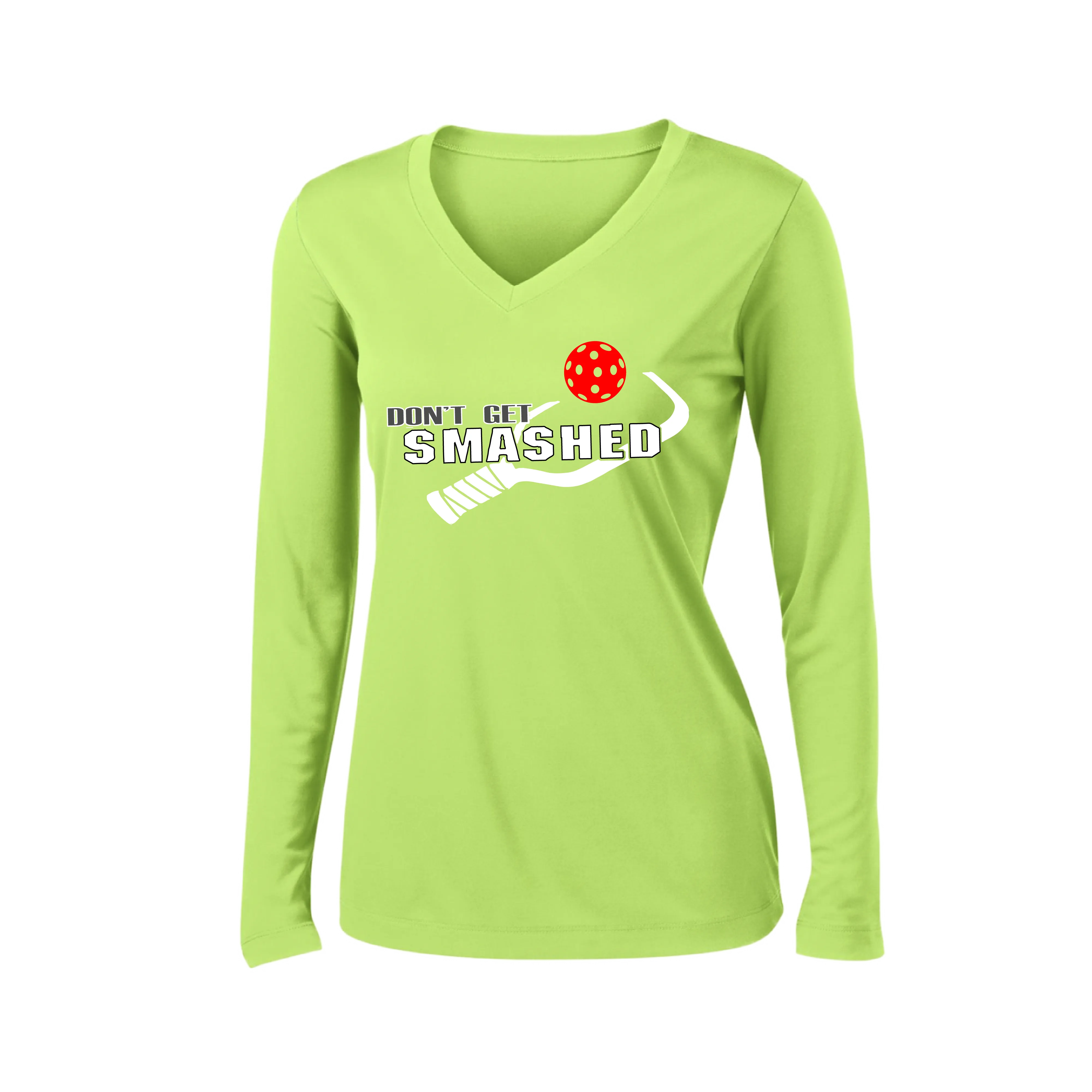 Don't Get Smashed Customizable (Colors Red Rainbow Green) | Women's Long Sleeve V-Neck Pickleball Shirts | 100% Polyester