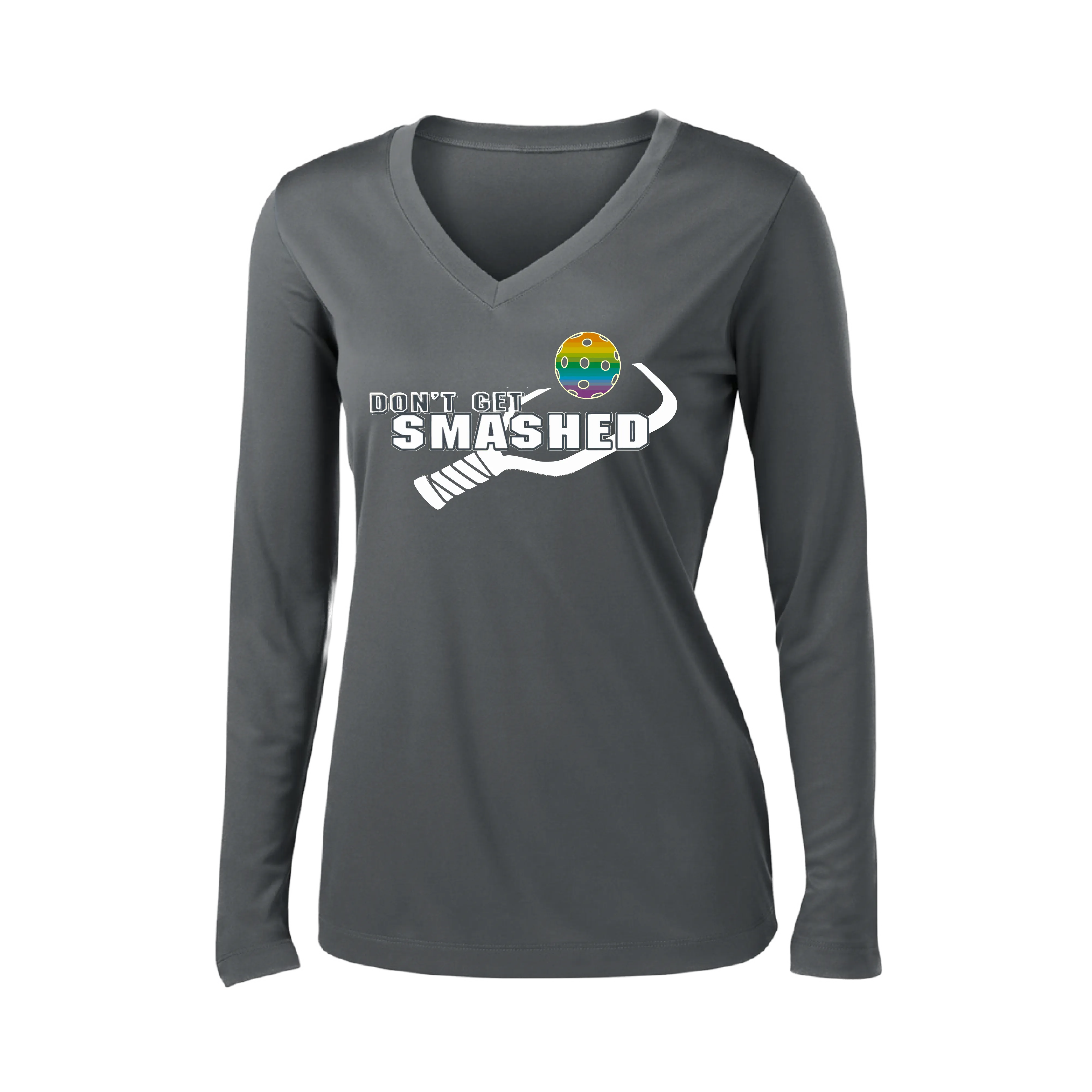 Don't Get Smashed Customizable (Colors Red Rainbow Green) | Women's Long Sleeve V-Neck Pickleball Shirts | 100% Polyester