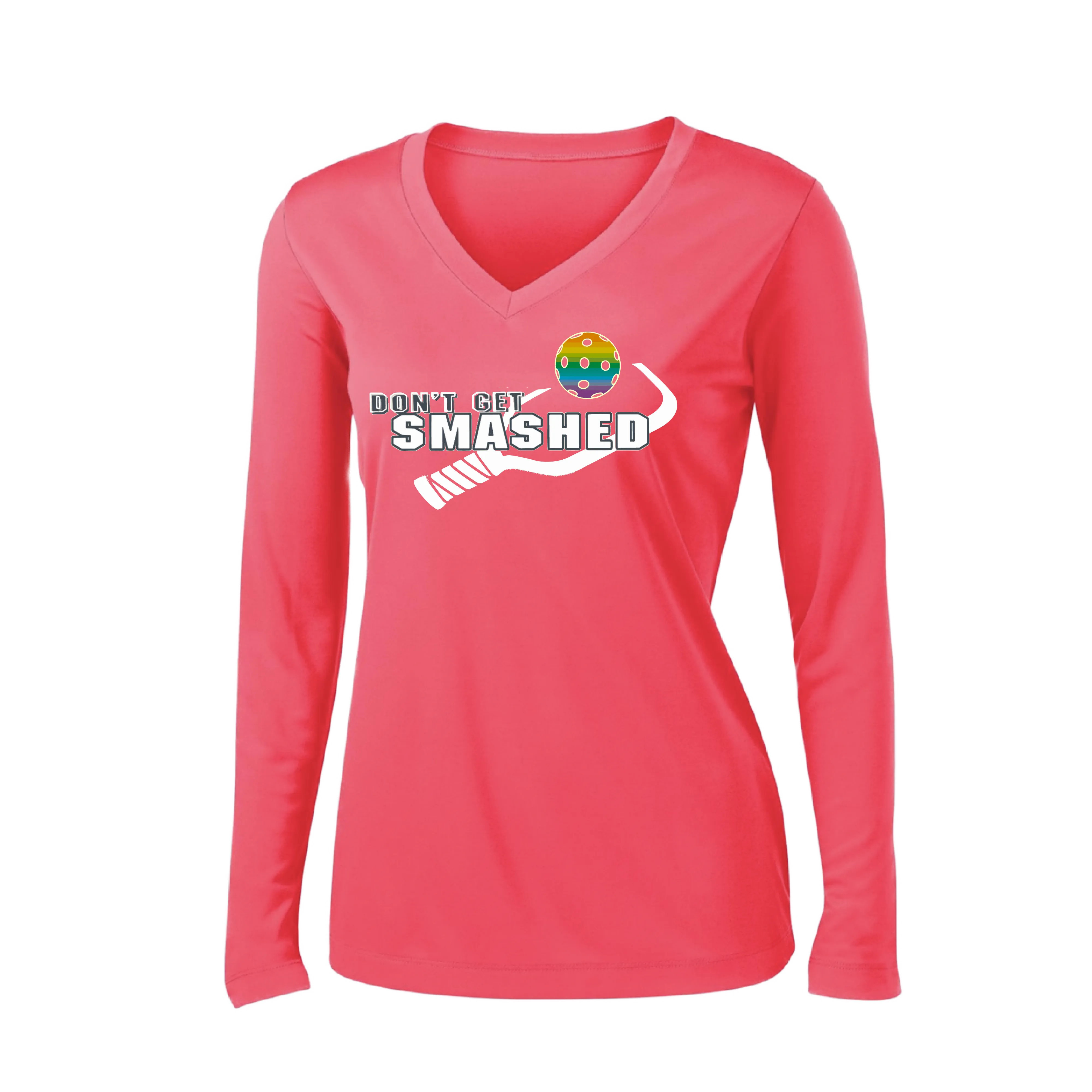 Don't Get Smashed Customizable (Colors Red Rainbow Green) | Women's Long Sleeve V-Neck Pickleball Shirts | 100% Polyester