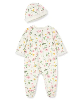 Floral Leaf 2-Way-Zip Footed One-Piece And Hat