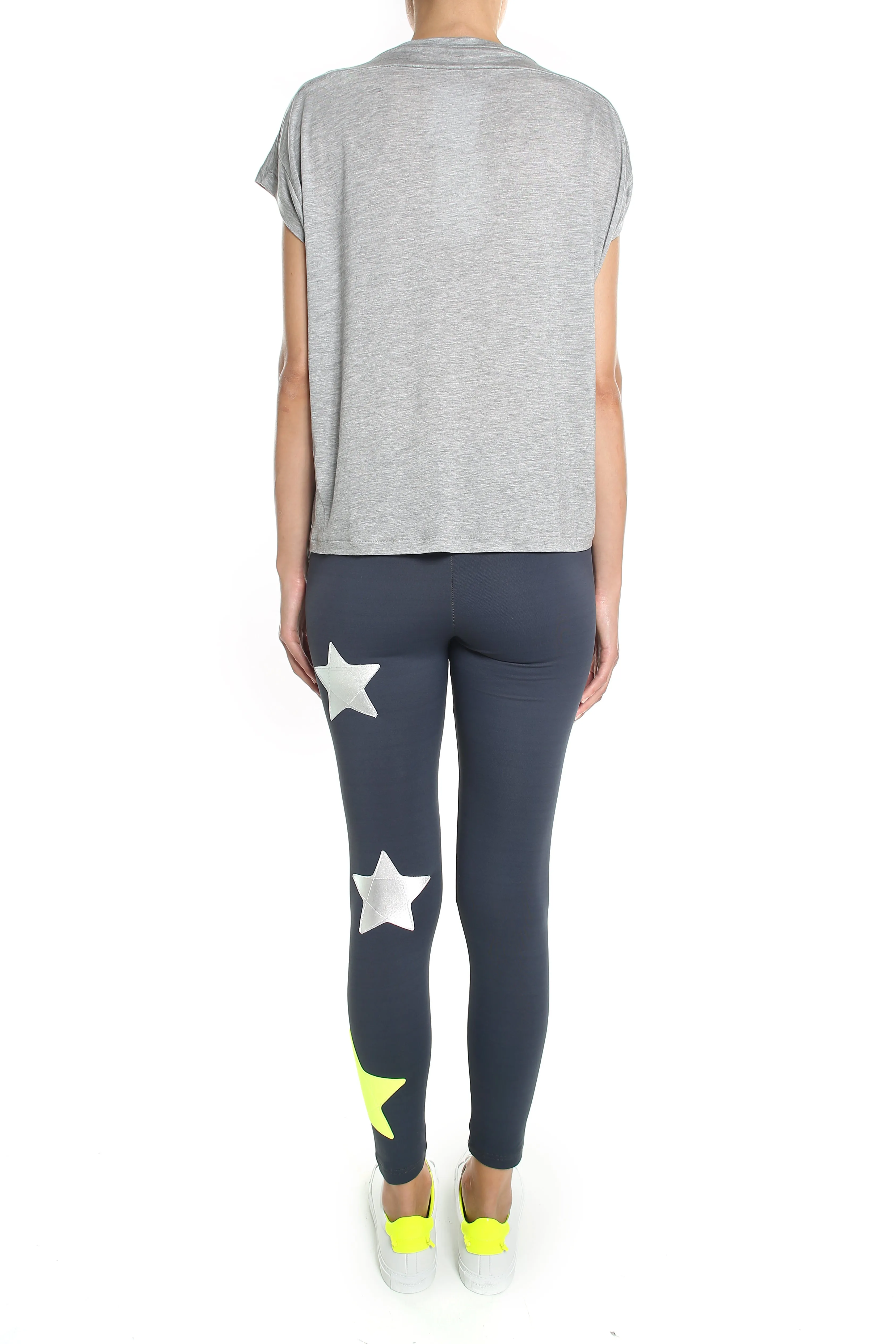 Gemelli Leggings grigio, stelle Argento e Giallo Fluo