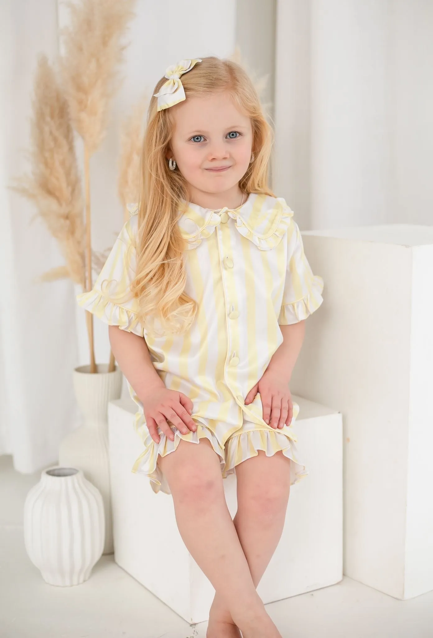 Girls Lemon Stripe Pearl Pyjamas