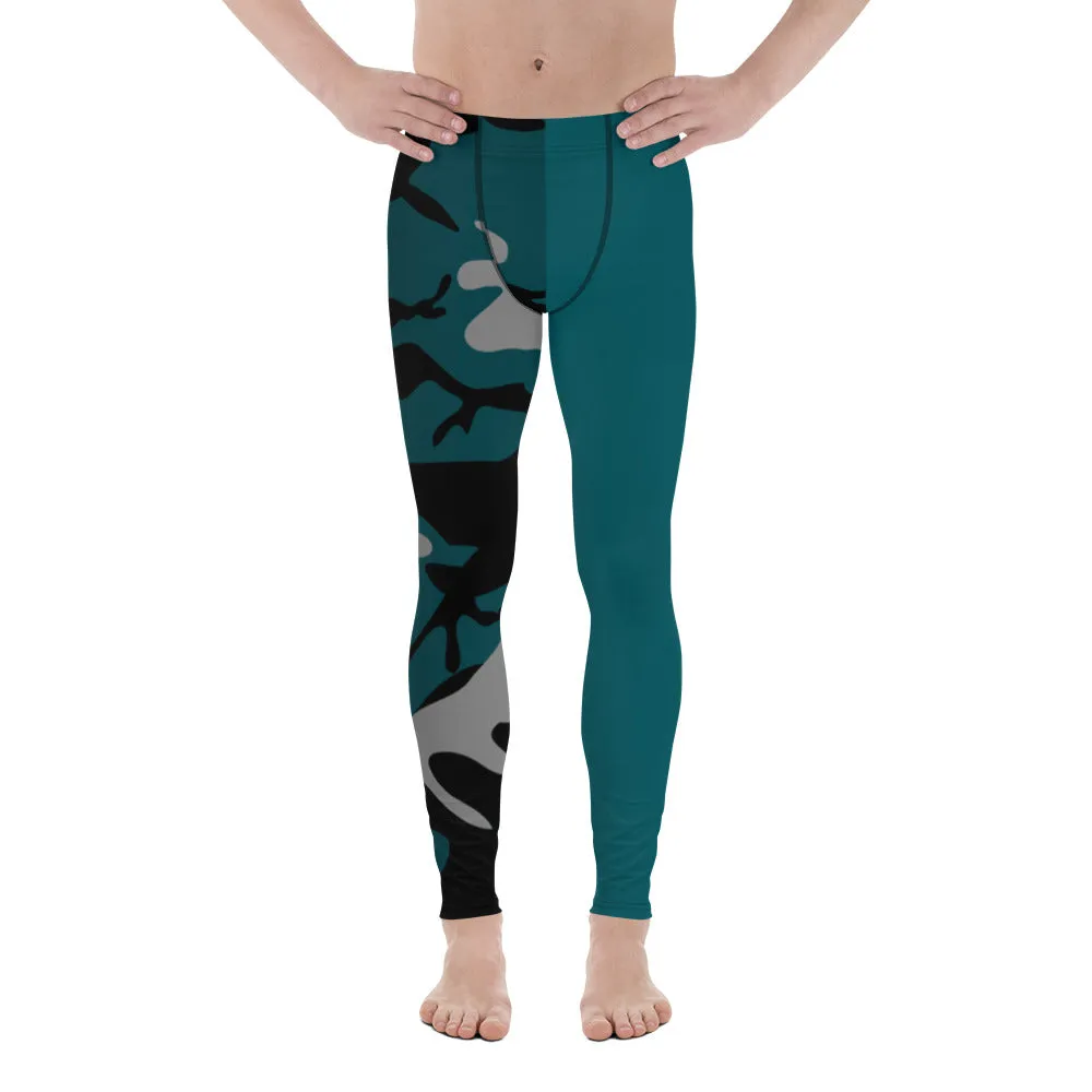 Gray, Teal and Black Camouflage One sided Men's Leggings