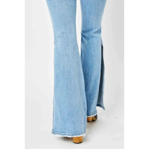 Judy Blue Full Size Mid Rise Raw Hem Slit Flare Jeans