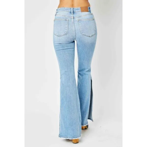 Judy Blue Full Size Mid Rise Raw Hem Slit Flare Jeans