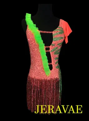 Neon Orange & Lime Green Latin Dress with Stone Skirt Zebra Swarovski Stone Design LAT035 sz Small/Medium