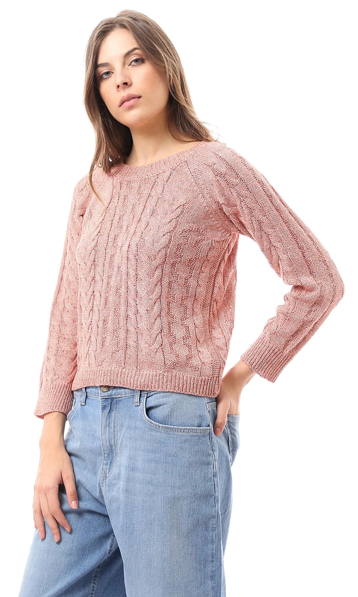 O169979 Boat Neck Slip On Coral Knitted Pullover