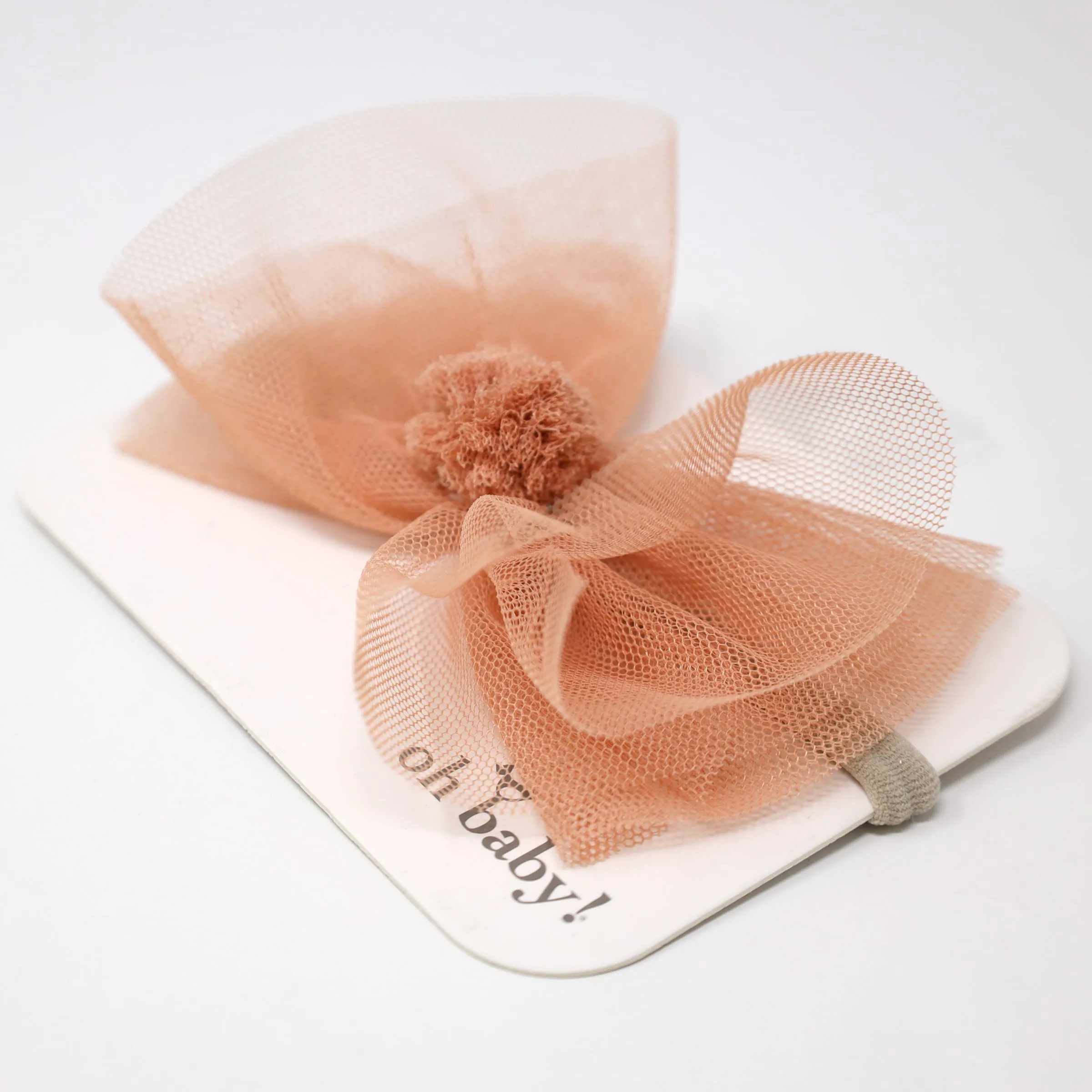 oh baby! Bow with Pom Pom Center on Nylon Headband - Vintage Pink