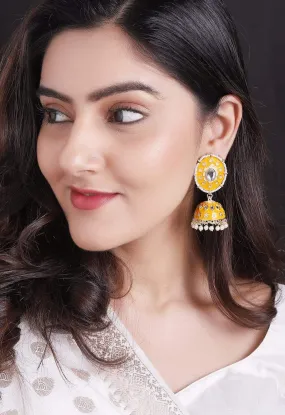 Rubans Yellow Enamel & Kundan Handcrafted Gold Plated Jhumka Earrings