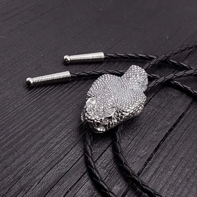 Silver Rattlesnake Bolo Tie Life Size Silver Stainless Steel Black Braided Cord with Silver Tips