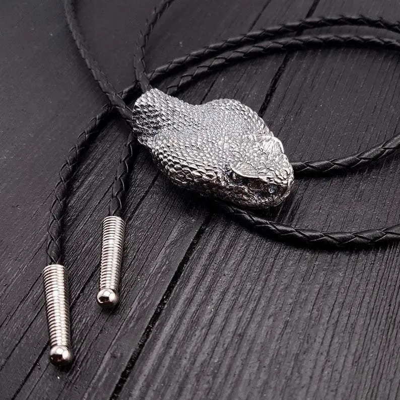 Silver Rattlesnake Bolo Tie Life Size Silver Stainless Steel Black Braided Cord with Silver Tips