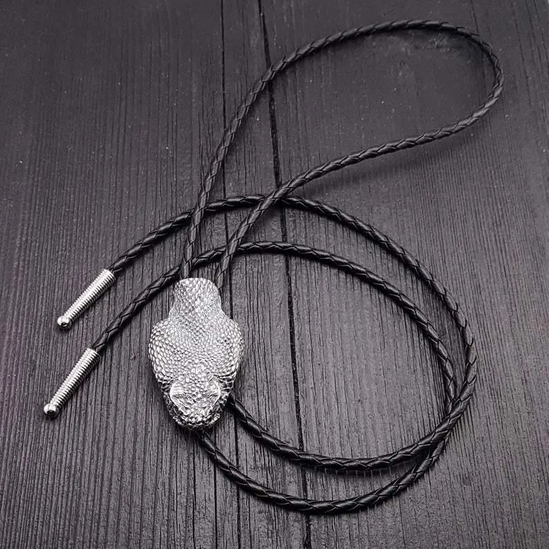 Silver Rattlesnake Bolo Tie Life Size Silver Stainless Steel Black Braided Cord with Silver Tips