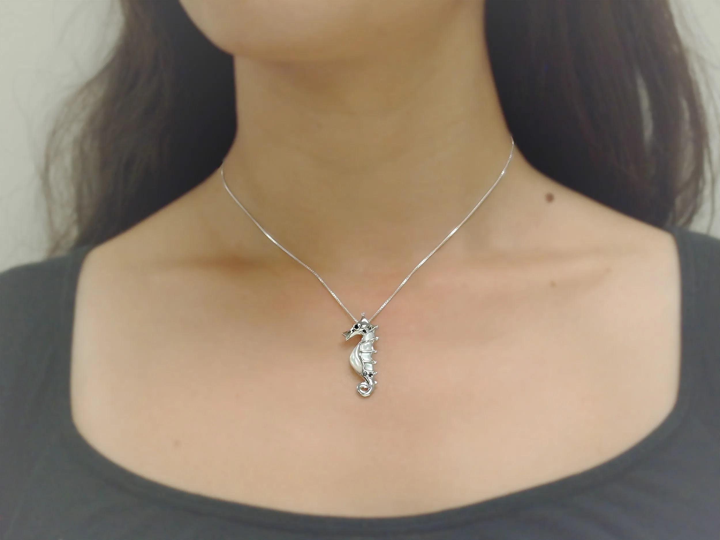 Sterling Silver Black Synthetic CZ Mother of Pearl Seahorse Pendant