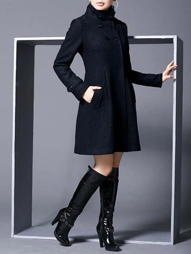 Stylish Women's Long Overcoat Pea Coat with Pockets and Windproof Warmth