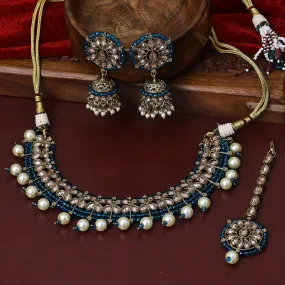 Sukkhi Bewitching Gold Plated Blue Pearl Choker Necklace Set With Maang Tikka for Women