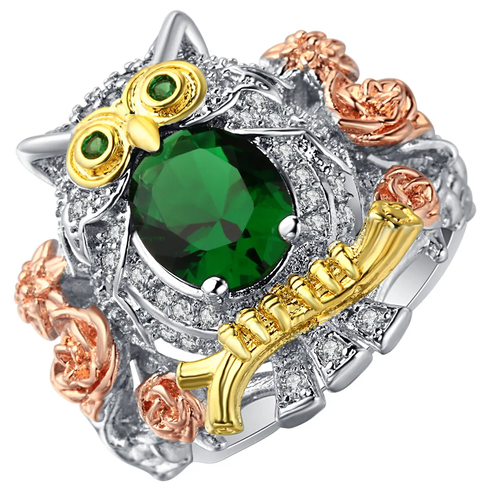 Tricolor Created Green Emerald CZ Owl Ring