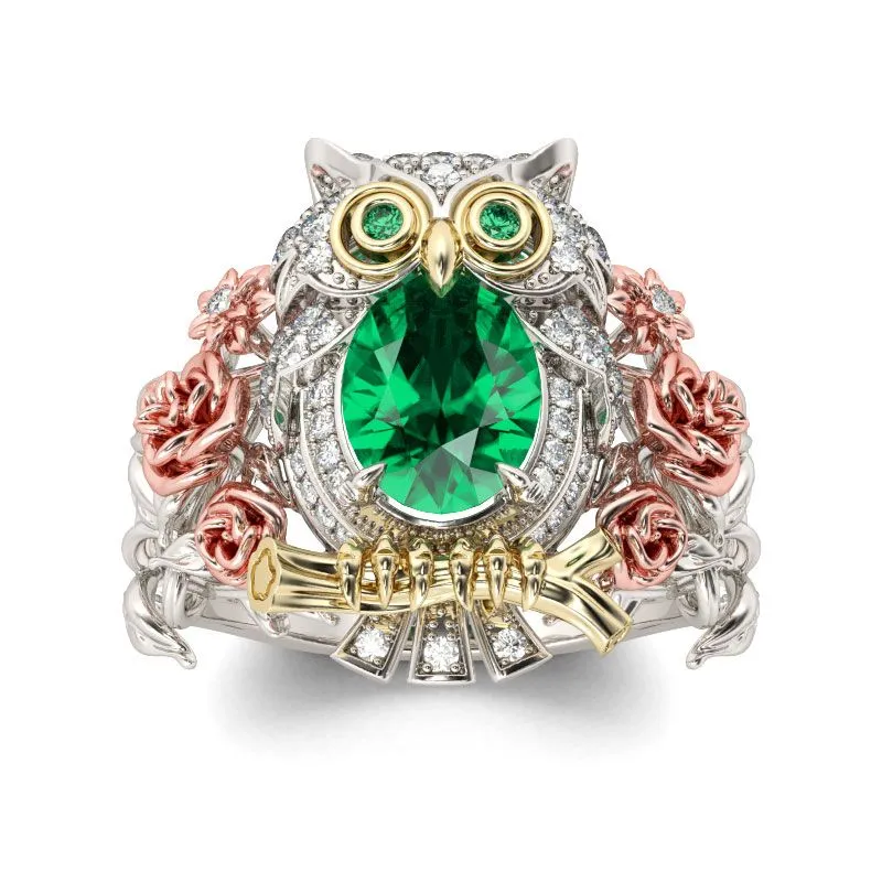 Tricolor Created Green Emerald CZ Owl Ring