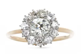 Victorian 14K Yellow Gold & Platinum 0.6 Carat Old European Diamond Halo Stick Pin Conversion Ring