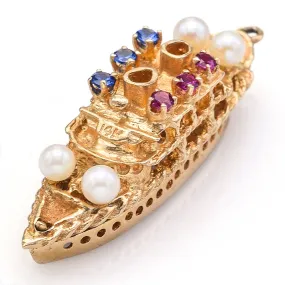 Vintage 14K Gold Ruby, Sapphire & Pearl Bon Voyage Cruise Ship Charm Pendant