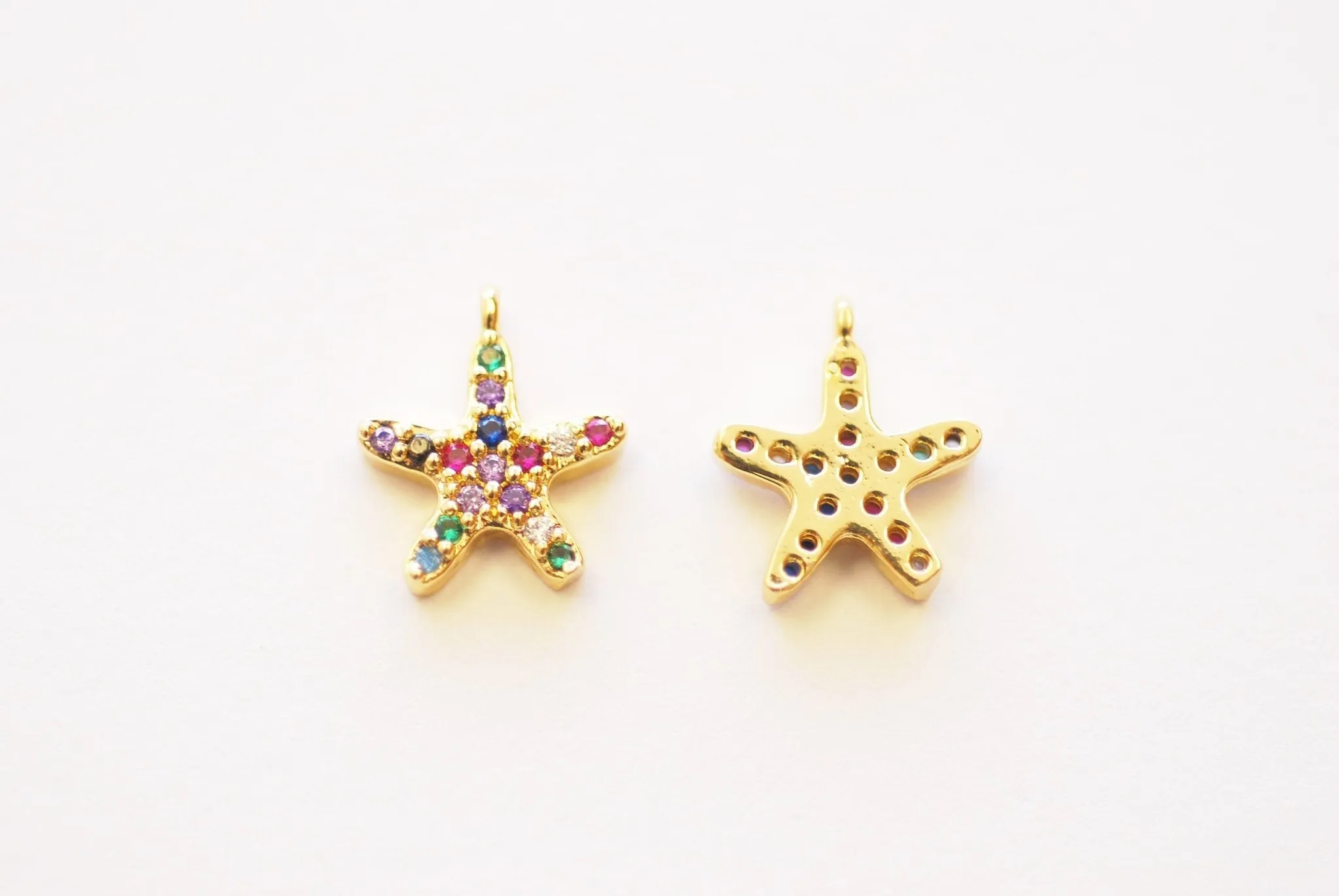 Wholesale Starfish Colorful Charm - 16k Gold Plated over Brass Micro Pave Cubic Zirconia Sealife Ocean Beach Star Fish HarperCrown B280