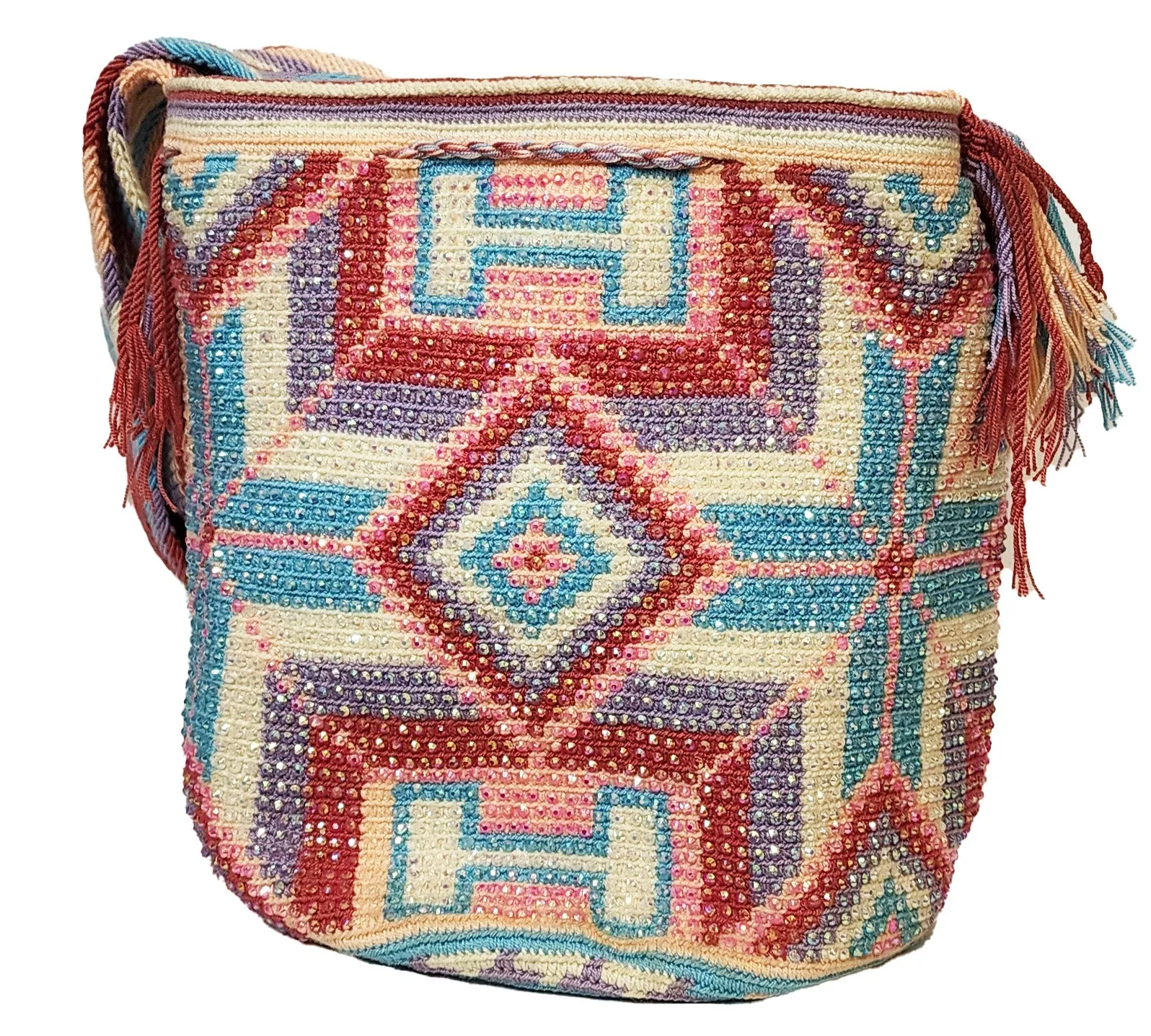 Zaria Large Handmade Crochet Wayuu Mochila Bag With Crystals