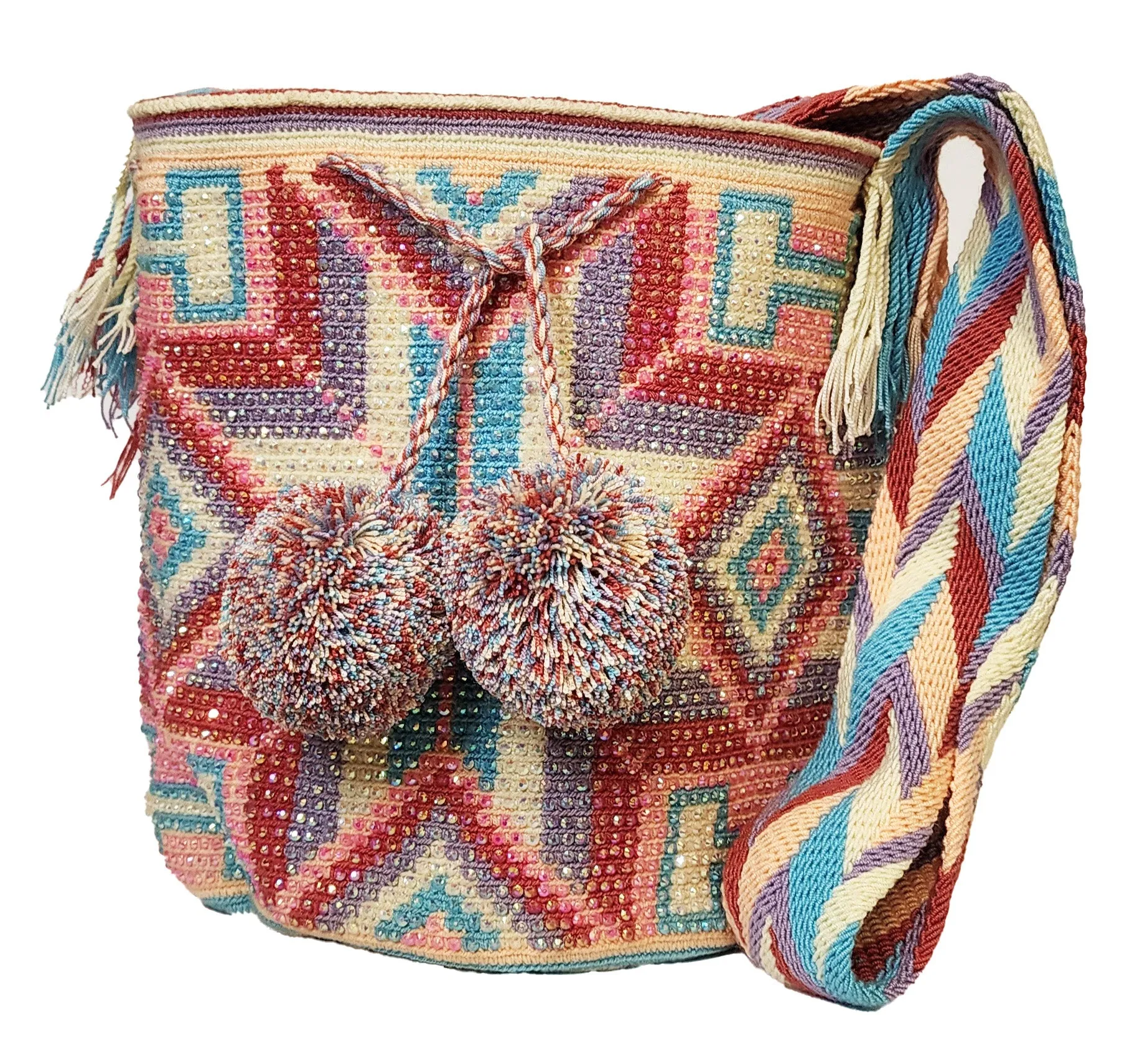 Zaria Large Handmade Crochet Wayuu Mochila Bag With Crystals